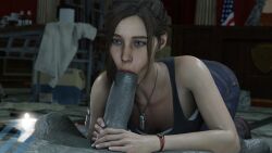 1boy 1girls 1monster 3d biohazard blowjob blowjob_face brown_hair capcom claire_redfield clothed_female_nude_male echiee eye_contact female female_on_top grey_skin light-skinned_female light_skin lying_on_back lying_on_floor male monster mr_x necklace oral oral_sex penis police resident_evil resident_evil_2 resident_evil_2_remake tyrant umbrella_rpd