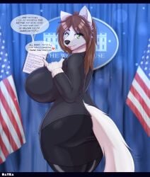 2022 absurd_res anthro anthro_only big_breasts breasts brown_hair butt_pose canid canine canis clothing curvaceous curvy_figure dialogue edith_vaughn female fur furry green_eyes hair hi_res huge_breasts legwear looking_at_viewer mammal mature_anthro mature_female politics pose president rayka solo speech_bubble stars_and_stripes stockings topwear united_states_of_america voluptuous white_body white_fur white_house wide_hips wolf wolf_ears wolf_girl wolf_tail