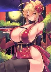 1girls 2022 blonde_hair breasts cleavage fate/extra fate/grand_order fate_(series) female female_only funaya_(a2brasd) green_eyes hips huge_breasts light-skinned_female light_skin nero_claudius_(fate) outdoors revealing_clothes thick_thighs thighhighs thighs tied_hair wide_hips