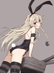 1girls :d ahoge alternate_costume anchor_symbol animal_ears arm_strap ass bangs bare_shoulders black_hairband black_leotard blonde_hair brown_eyes fake_animal_ears fake_tail female from_side grey_background hairband highres kantai_collection leaning_forward leotard long_hair looking_at_viewer looking_to_the_side open_mouth playboy_bunny rabbit_ears rabbit_tail rensouhou-chan ribbon shimakaze_(kantai_collection) side-tie_leotard simple_background smile solo striped striped_thighhighs tail takanashi_kei_(hitsujikan) thighhighs turret very_long_hair white_ribbon