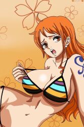 1girls arm_support big_breasts bikini bikini_pull breasts busty cleavage clothes_pull female female_only large_breasts long_hair looking_at_viewer lying nami navel one_piece open_mouth orange_eyes orange_hair post-timeskip rainbow_bikini solo swimsuit teasing