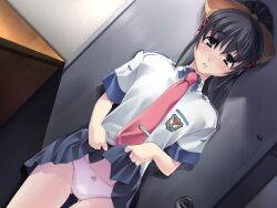 black_eyes black_hair blush bow_panties door dresser female female_only game_cg gunjou_no_sora_wo_koete kurowashi lifting_skirt looking_at_viewer mizuki_wakana orange_bow panties red_tie school_uniform solo