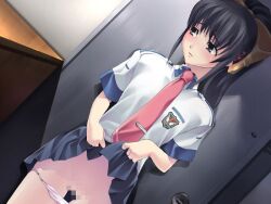 black_eyes black_hair blush bow_panties censored door dresser female female_only game_cg gunjou_no_sora_wo_koete kurowashi lifting_skirt looking_away mizuki_wakana orange_bow panties panties_down pussy red_tie school_uniform solo