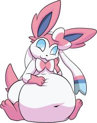 :3 big_belly blue_eyes bowtie cat_mouth fat generation_1_pokemon happy paw_on_belly pink_feet pokemon sitting sylveon