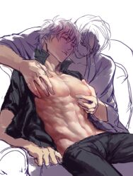 2boys abs bare_chest gay gintama gintoki_sakata groping hangleing male male_only muscles muscular muscular_male open_shirt partially_colored pec_grasp pecs pectoral_grab takasugi_shinsuke yaoi