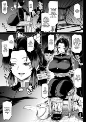 absurd_res ahemaru big_breasts black_and_white bondage comic convinced demon_slayer fully_clothed huge_breasts kimetsu_no_yaiba kochou_shinobu lactation mindbreak monochrome rope rope_bondage text