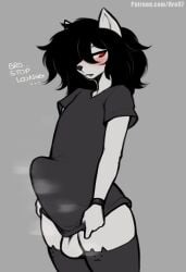 2022 absurd_res anthro balls big_penis biped black_hair blush bottomless canid canine clothed clothing digital_media_(artwork) english_text erection erection_under_clothing fella_(oro97) femboy fur genitals girly grey_background hair hair_over_eye hi_res legwear looking_at_viewer male male_only mammal one_eye_obstructed oro97 penis red_eyes simple_background solo text thigh_highs white_body white_fur