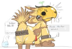 2022 anthro ass avian biped bird bodily_fluids bondage bondage bound chocobo chocobo_costume clothed clothing costume cum cum_on_butt digital_drawing_(artwork) digital_media_(artwork) drooling english_text final_fantasy final_fantasy_xiv genital_fluids lube public_use saliva sexotheque simple_background solo square_enix text video_games white_background