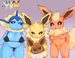 big_breasts big_ears bikini blue_body blush bodily_fluids breasts brown_body clothed clothing dominant dominant_female ear_fins eevee eeveelution female flareon fox_ears fur generation_1_pokemon group hi_res jolteon looking_at_another male narrowed_eyes nintendo pokemon pokemon_(species) popothin scared simple_background size_difference skimpy slightly_chubby smaller_male swimwear tears vaporeon video_games yellow_body