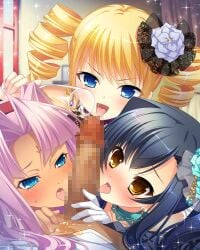 1boy 3girls black_hair blonde_hair blowjob blue_eyes blush censored chinese_girl chinese_girls gold_eyes hongou_kazuto kan'u_unchou_(koihime) koihime†_(series) koihime_musou pink_hair sonken_chuubou_(koihime_musou) sousou_moutoku_(koihime)