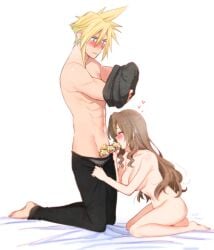 1boy abs aerith_gainsborough artist_name bangs barefoot bed_sheet black_pants blonde_hair blonde_pubic_hair blue_eyes blush breasts brown_hair censored cleavage closed_eyes clothes_pull cloud_strife dated fellatio female final_fantasy final_fantasy_vii final_fantasy_vii_remake full_body grey_male_underwear hair_between_eyes hair_down handjob heart kneeling krudears long_hair male_underwear medium_breasts muscular muscular_male nipples nude oral pants pants_pull parted_bangs parted_lips short_hair sideboob sidelocks spiked_hair straight sweatdrop topless_male underwear undressing wavy_hair white_background wide-eyed