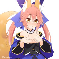 alternate_breast_size animal_ear_fluff animal_ears blue_bow blue_kimono blush bow breasts breasts_out brown_eyes covering covering_breasts detached_collar detached_sleeves fate/grand_order fate_(series) female fox_ears fox_girl fox_tail hair_between_eyes hairbow haryuu_(poetto) highres japanese_clothes kimono long_hair pink_hair small_breasts solo split_ponytail tail tamamo_no_mae_(fate) upper_body