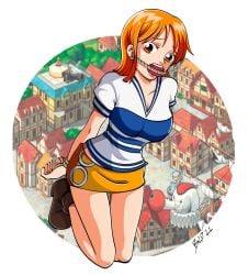 arms_tied_behind_back bondage bound2draw bound_wrists female female_only gag gagged looking_at_viewer nami one_piece orange_eyes orange_hair pre-timeskip rope_bondage rope_gag stuffed_mouth_gag