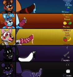 animal_genitalia animal_penis animatronic anthro banana big_penis black_eyes black_licorice blue_eyes blueberry_(fruit) blush blush_stickers bodily_fluids bow_tie candy canid canine canine_penis chest_tuft clothing dessert english_text eyelashes fangs five_nights_at_freddy's five_nights_at_freddy's_2 flavored_cum food fox fruit genital_fluids genitals green_eyes group hat headgear headwear hi_res knot lagomorph lemon leporid lime lipstick machine makeup male mammal mangle_(fnaf) marshmallow penis penis_chart penis_size_chart penis_size_difference plant precum question_mark rabbit robot scottgames shadow_bonnie shadow_freddy shadow_freddy_(fnaf) signature small_penis smile strawberry text top_hat toy_bonnie toy_bonnie_(fnaf) toy_freddy toy_freddy_(fnaf) tuft ursid ursine video_games vivismut yellow_eyes