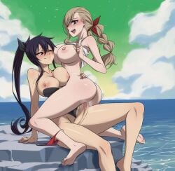 1futa 1girls absurd_res alternate_version_available areolae beach big_breasts blonde_hair blue_eyes blue_hair breasts clothed clothing cowgirl_position duo edens_zero erection female futa_on_female futanari homura_kogetsu human light-skinned_female light-skinned_futanari light_skin mostly_nude nipples nude outdoors patrickdja penis rebecca_bluegarden sex sitting swimsuit water