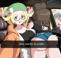 3girls ass bianca_(pokemon) big_ass big_breasts blonde_hair brown_hair dawn_(pokemon) english_text female female_only game_freak glasses green_eyes he_wants_to_order hi_res highres hilda_(pokemon) long_hair meme multiple_girls nintendo pokeball_logo pokemon pokemon_bw pokemon_bw2 pokemon_dppt ponytail short_shorts shorts text text_box thick_thighs tin_(artist) visor