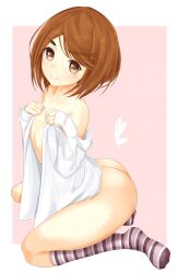 10s 1girls 2016 ass bangs bare_ass bare_shoulders bare_thighs big_ass blush breasts brown_eyes brown_hair collarbone dat_ass dress_shirt eyebrows hi_res kinuhata_saiai kneehighs kneeling naked_shirt nude nude_female open_clothes open_shirt seiza shin_(highest1192) shirt short_hair sitting small_breasts smile socks solo striped striped_socks swept_bangs thighs to_aru_kagaku_no_railgun to_aru_majutsu_no_index young