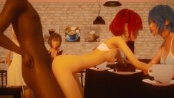 2boys 3d 4girls age_difference animated aqua_(kingdom_hearts) ass blue_eyes blue_hair blushing breasts breasts_out cafe cake cleavage cum cumdrip dark-skinned_male dark_skin honey_select interracial kairi kingdom_hearts looking_at_another looking_pleasured music namine nobody_(kingdom_hearts) public public_sex red_hair roseza small_breasts sound tagme teenager video xion