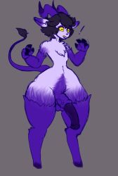 1boy alternate_species anthro aspenofsimpcon balls big_penis black_hair bovid caprine chest_tuft demon featureless_feet fur genitals goat hair hi_res horn huge_cock male male_focus male_only mammal neth_(aspen) penis purple_body short_hair solo species_transformation tail thick_thighs transformation tuft wide_hips yellow_eyes