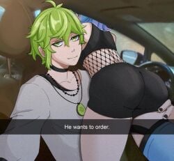 2boys ass blue_hair blue_legwear boy car femboy feminine_male gay girly green_eyes green_hair he_wants_to_order indie_virtual_youtuber linechu male_with_painted_nails meme short_hair tagme thick_thighs thighhighs thighs trap virtual_youtuber yaoi