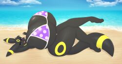 2020 alternate_version_at_source anthro beach big_breasts bikini biped breasts clothed clothing crossed_legs dog_ears dog_tail eeveelution female generation_2_pokemon hi_res huge_breasts hyper hyper_breasts kiara_(pkmndiamond493) looking_at_viewer lying nintendo on_back on_sand one_eye_closed open_mouth open_smile pattern_bikini pattern_clothing pattern_swimwear pokemon pokemon_(species) pokemorph purple_eyes sea seaside skimpy smile smiling_at_viewer solo spots spotted_bikini spotted_clothing spotted_swimwear suika-x swimwear tail umbreon video_games water wink winking_at_viewer