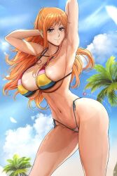 1girls big_breasts bikini female female_focus female_only g-string g-string_bikini g-string_only huge_breasts krabby_(artist) large_breasts long_hair matching_hair/eyes micro_bikini midriff nami nami_(one_piece) navel one_piece one_piece_film_z orange_eyes orange_hair post-timeskip post_timeskip rainbow_bikini rainbow_g-string_bikini shounen_jump solo_female string_bikini thong_bikini