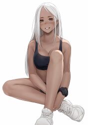 1girls cleavage grey_eyes i0525 jeff_macanoli luimi_art seraphina_(zero_one) sitting smile sports_bra teenager tennis_shoes watch white_hair