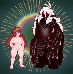 alternate_form alternate_species anthro aspenofsimpcon avian beak big_breasts bird blue_eyes breasts duo feathers female genitals hair hi_res human humanoid long_ears long_hair mammal nude pussy red_eyes red_hair tall thick_thighs white_hair wide_hips wren_(aspen)