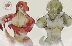 absurd_res anthro areola biped dinosaur duo flaccid genitals green_body hi_res k0bit0wani licking male orange_body penis pupils reptile scalie shower slit_pupils smile steam tongue tongue_out