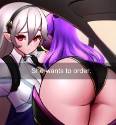 ass bare_thighs bent_over black_panties breasts camilla_(fire_emblem) car corrin_(fire_emblem) corrin_(fire_emblem)_(female) english_text fire_emblem fire_emblem_fates grey_hair he_wants_to_order horns inner_thighs jaxartdump large_ass long_hair looking_at_viewer medium_breasts meme panties purple_hair red_eyes selfie she_wants_to_order siblings sisters text thighs underwear