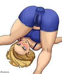 1girls anal anal_sex android_18 bike_shorts blonde_hair blue_eyes dildo dildo_in_ass dragon_ball dragon_ball_z female female_only looking_pleasured lustysun pussy_juice pussy_juice_drip sex_toy shorts shounen_jump solo solo_female sweat