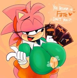 1girls amy_rose anthro bedroom_eyes big_breasts breasts busty button_gap classic_amy_rose clothing dialogue female female_only half-closed_eyes hedgehog huge_breasts large_breasts looking_at_viewer ota_(artist) paizuri_invitation sega solo sonic_(series) sonic_the_hedgehog_(series) steam steaming_body sweat sweaty talking_to_viewer tarot_card text