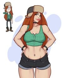 1girls 2022 belly_button_piercing breasts choker disney disney_channel disney_xd eye_shadow eyelashes female female_focus female_only freckles gravity_falls hands_on_hips jakuson_z looking_at_viewer lumberjack no_sleeves red_hair short_shorts shorts smooth_skin tank_top wendy_corduroy white_background wristband