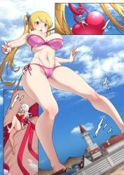 bikini blonde_hair blue_eyes cameltoe city earrings entrapment fairy_tail female_focus giantess huge_breasts larger_female lisanna_strauss looking_down low-angle_view lucy_heartfilia mirajane_strauss ponytail ribbon shizeart size_difference smaller_female source_request thick_thighs tight_clothing toned_stomach white_hair