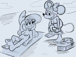 alternate_breast_size ba_after_dark beach breasts crossover disney minnie_mouse monochrome nipples peyo_(copyright) rough_sketch smurfette the_smurfs