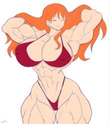 1girls 2022 abs alternate_version_available biceps bikini bikini_only colored_sketch extreme_muscles eyes_closed female female_only juanitoarcoiris1 muscle muscles muscular muscular_female nami one_piece orange_hair post-timeskip post_timeskip red_bikini shounen_jump six_pack solo solo_female triceps zetarok