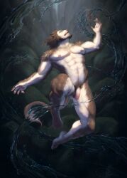 2021 abs absurd_res anthro balls body_hair braided_hair closed_eyes fangs felid final_fantasy final_fantasy_xiv fingerpads flaccid foreskin genitals hair happy_trail hi_res hrothgar humanoid_genitalia levitation magic male mammal mouth_closed muscular muscular_anthro muscular_male navel nipples pawpads pecs penis pubes s_anima solo square_enix video_games water