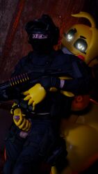 3d animatronic anthro balls breasts clothing duo embrace eye_contact female five_nights_at_freddy's genitals gun handjob hi_res hug hugging_from_behind human looking_at_another machine male male/female male_focus mammal nipple_piercing nipples penile penis piercing police_uniform ranged_weapon reach_around robot scared scottgames sex shotgun smile stopcallingmeafurry_(artist) toy_chica_(fnaf) uniform video_games weapon