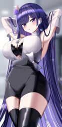 1girls 2022 armpits arms_up black_bra bra breasts cleavage detached_sleeves female genshin_impact hair_ornament hanasaka_houcha hips huge_breasts light-skinned_female light_skin long_hair massive_breasts office_lady purple_eyes purple_hair raiden_shogun short_skirt skirt slim_waist thick_thighs thighhighs thighs very_long_hair wide_hips