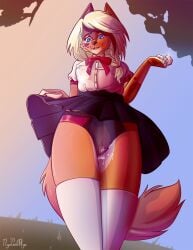 black_and_red_underwear blonde_hair blondie blush bottomwear bow_(disambiguation) breasts canid canine canis cartoon clothing domestic_dog female fishnet hair happy hi_res invalid_tag juice_(disambiguation) legwear lingerie mammal miniskirt orange panties panty_shot ruffled school_uniform skirt skirt_blowing skirt_in_the_wind tail_motion tailwag thigh_highs translucent translucent_clothing translucent_panties translucent_underwear underwear uniform upskirt vaginal_wet wet wind