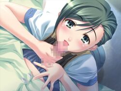 1boy 1girls censored clothed_female clothed_male female game_cg green_eyes green_hair gunjou_no_sora_wo_koete kurowashi licking_penis looking_at_viewer male penis penis_out pov sawamura_yuki school_uniform