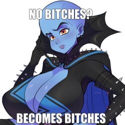 1girls alien alien_girl alien_only big_breasts blue_body blue_skin breasts bruh dreamworks embarrassed english english_text female female_focus female_only genderswap_(mtf) lips looking_at_viewer megamind megamind_(character) meme no_bitches?_(meme) orange_eyes pinkkoffin rule_63 simple_background white_background