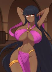 1girls armpits arms_behind_head barleyshake belly_dancer belly_dancer_outfit belly_dancing big_breasts black_hair bocas_top dancer dancer_outfit dancing dark-skinned_female dark_elf dark_skin deviantart elf elf_female fit_female harem_girl harem_outfit huge_boobs huge_breasts loincloth long_hair original original_character pointy_ears solo voluptuous_female