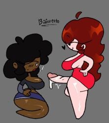 ! 1futa 1girls baioretto big_breasts big_penis bottomless breasts carol_(bbpanzu) clothed clothing dark-skinned_female dark_skin duo erection female friday_night_funkin fully_clothed futa_mommy_gf futa_on_female futanari girlfriend_(friday_night_funkin) heart light-skinned_futanari light_skin mob_face mostly_clothed penis precum precum_drip side_view simple_eyes standing thick_thighs wide_hips