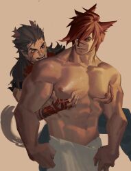 2boys animal_ears facial_scar gay groping groping_from_behind league_of_legends looking_back male male_only muscular muscular_male original_character pec_grab pectoral_grab red_hair sett smile topless topless_male yaoi yodenn_4