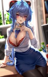 1girls 2022 ahoge blue_hair bra breasts cleavage clothed clothed_female drink enmanuelart20 female female_only ganyu_(genshin_impact) genshin_impact hi_res hips horns huge_breasts indoors large_breasts long_hair object_between_breasts office_lady panties pantyhose purple_eyes secretary slim_waist thick_thighs thighs white_panties wide_hips