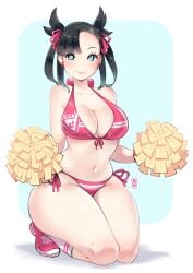 1girls 2022 aged_up alternate_breast_size black_hair blue_eyes blush breasts cheerleader cheerleader_uniform female female_only hi_res hips holding_object huge_breasts kenron_toqueen kneeling large_breasts light-skinned_female light_skin marnie_(pokemon) nintendo pokemon pokemon_ss pom_poms slim_waist smile thick_thighs thighs twintails wide_hips