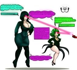 2girls big_breasts big_thighs black_hair brain_drain brain_fuck brainwashed brainwashing female female_only fubuki_(one-punch_man) green_eyes green_hair hypnosis hypnotic_eyes lazer mind_break mindbreak one-punch_man raygun revealing_clothes shortstack tatsumaki text thick_ass thick_thighs tongue tongue_out