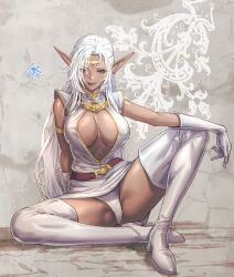 boob_window breasts cleavage clothed dark-skinned_female dark_elf dark_skin e_i_s_h_u_n_(artist) gloves gold_jewelry high_heel_boots looking_at_viewer massive_breasts panties pirotess pointy_ears presenting_panties record_of_lodoss_war seductive sitting white_gloves white_hair white_legwear white_panties yellow_eyes