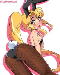 ass ass_focus blonde_hair blush blushing_at_viewer bubble_butt bunny_ears bunny_girl bunny_tail bunnysuit clothed doopie_do_over embarrassed female female_only fishnet_legwear fishnets fully_clothed kittenbell_(artist) light-skinned_female light_skin looking_at_viewer looking_back small_breasts solo_female